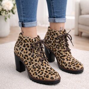 Leopard Calf Hair Ankle Boots | Chunky 3.5” Heel | Size 7 | Biker Grunge Goth